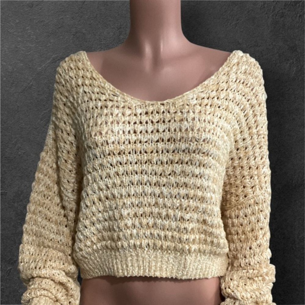 Free People Coconut Sweater Open Weave V Neck Oversized Sandy Combo Size XS
